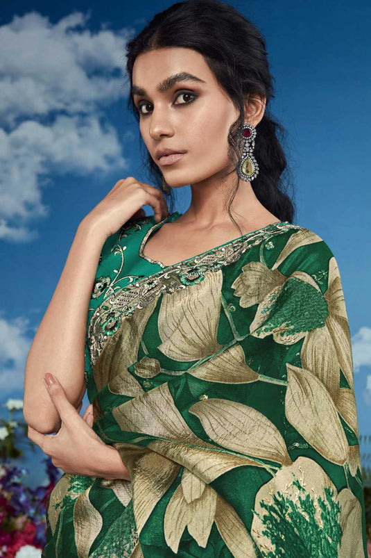 Soothing Brasso Fabric Party Style Saree In Green Color