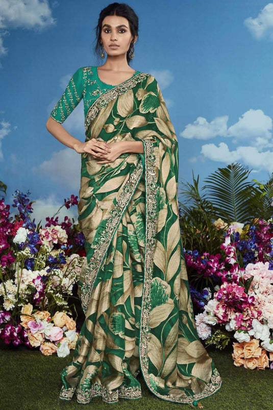 Soothing Brasso Fabric Party Style Saree In Green Color