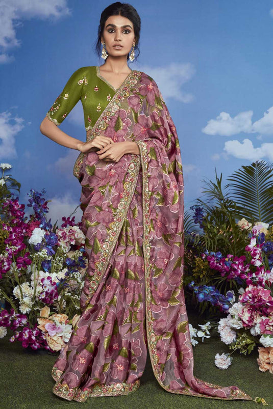 Delicate Pink Color Brasso Fabric Party Style Saree