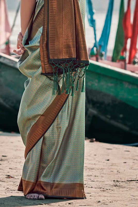 Woven Art Silk Saree in Sea Green Color