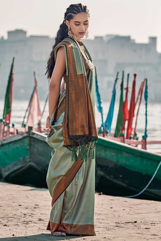 Woven Art Silk Saree in Sea Green Color