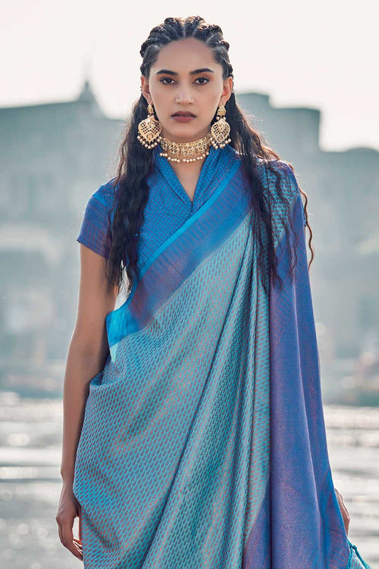 Woven Art Silk Saree in Cyan Color