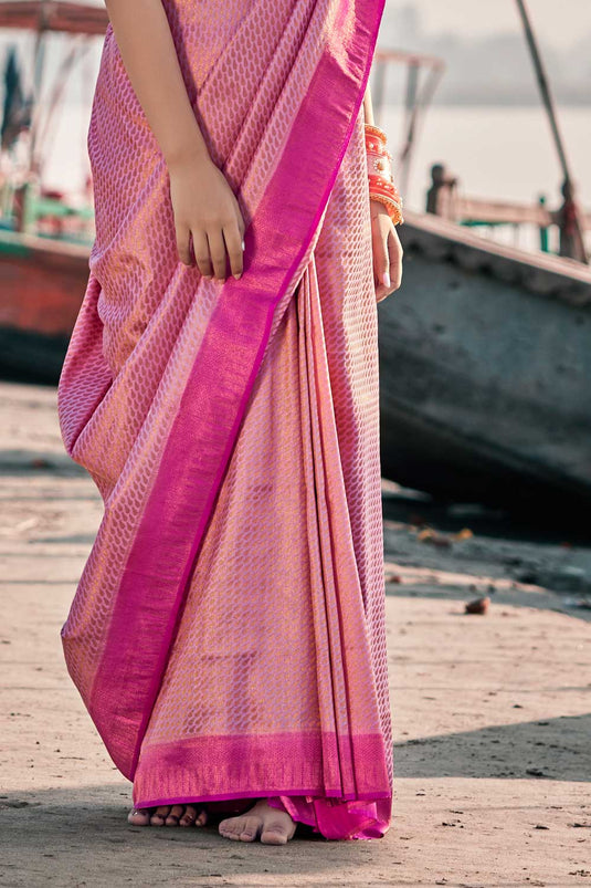 Woven Art Silk Saree in Peach Color