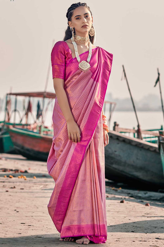 Woven Art Silk Saree in Peach Color