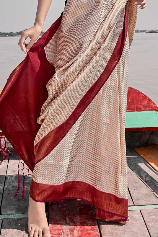 Woven Art Silk Saree in Cream Color