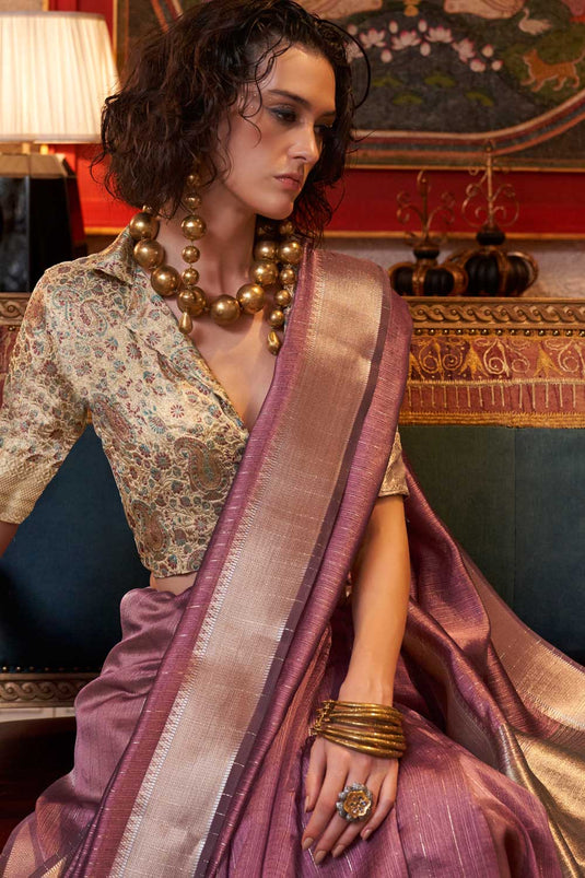 Pink Color Gorgeous Chiffon Saree With Weaving Work