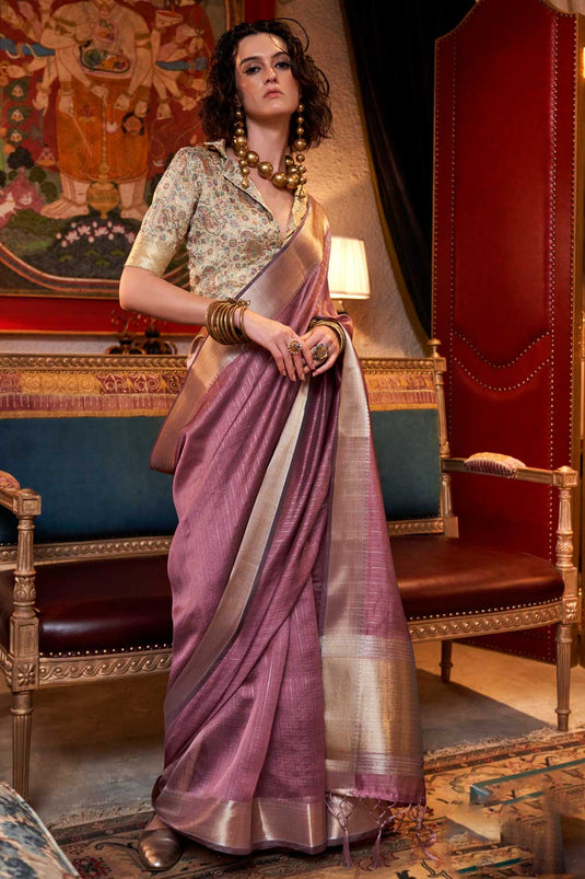 Pink Color Gorgeous Chiffon Saree With Weaving Work