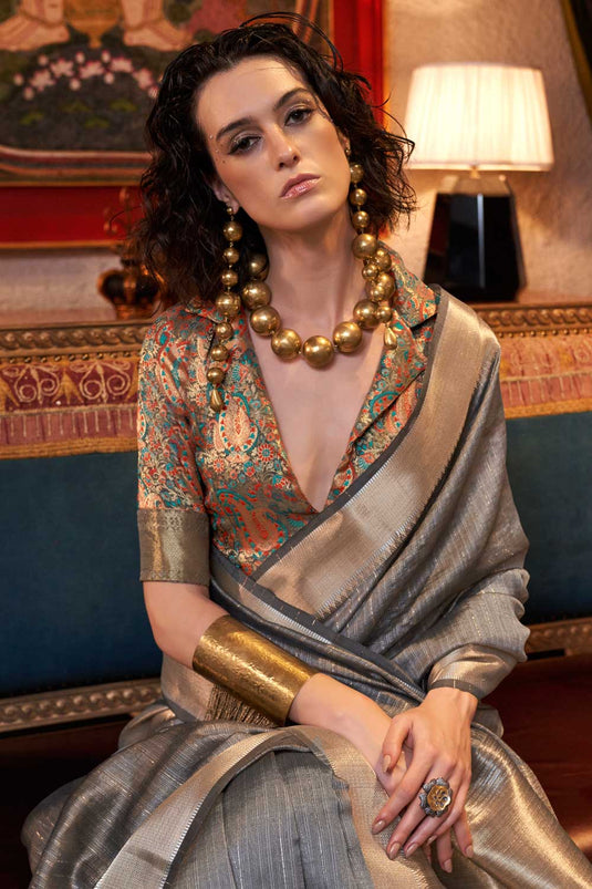 Grey Color Glorious Chiffon Saree With Weaving Work