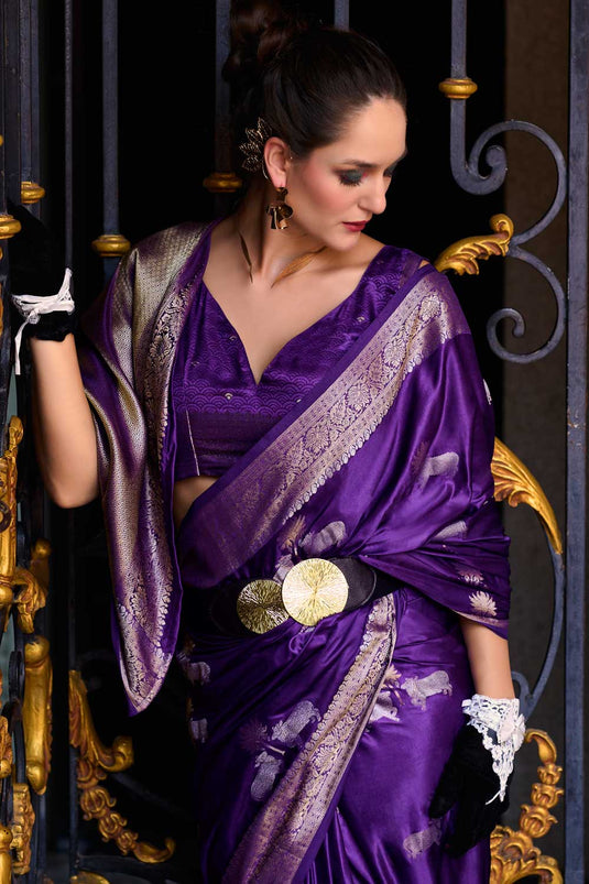 Creative Weaving Design on Satin Silk Fabric Saree in Purple Color