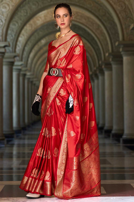 Red Color Satin Silk Saree with Elegant Weaving Designs