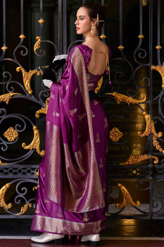 Wine Color Satin Silk Saree with Delightful Weaving Designs