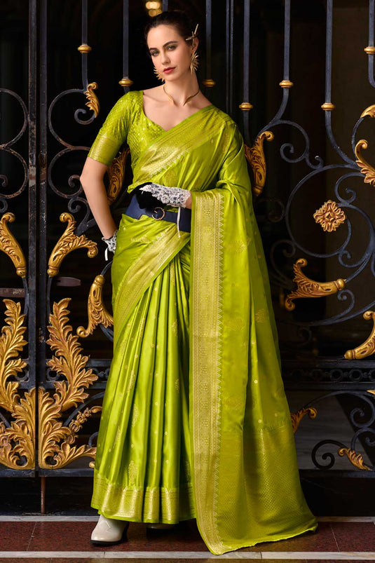 Alluring Green Color Satin Silk Saree with Weaving Designs