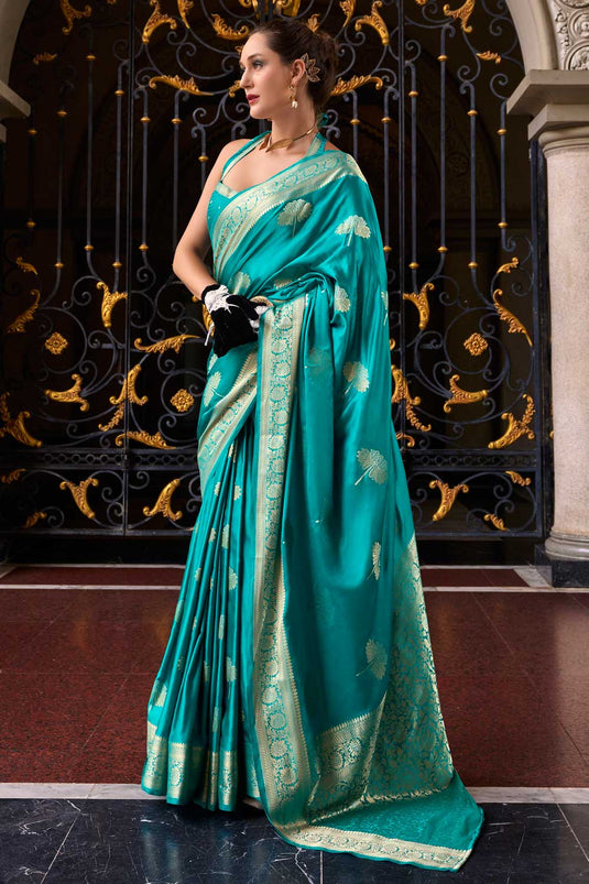 Graceful Sea Green Color Satin Silk Saree with Weaving Designs