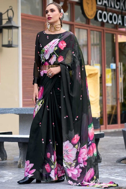 Stylish Black Color Floral Printed Saree in Georgette Fabric