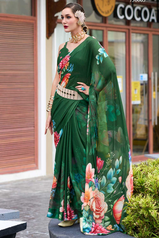 Georgette Fabric Floral Printed Saree In Radiant Dark Green Color