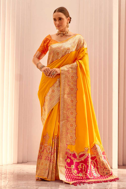 Yellow Color Patterned Silk Saree With Weaving Work