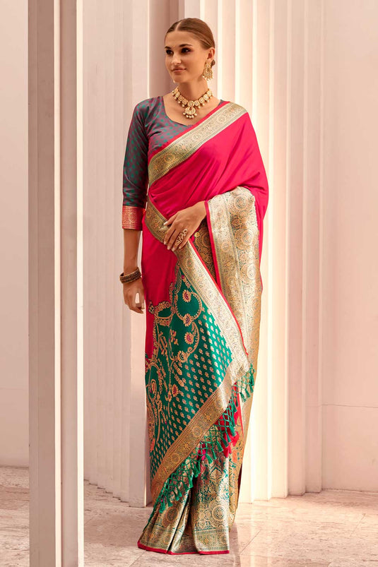 Rani Color Engaging Silk Saree With Weaving Work