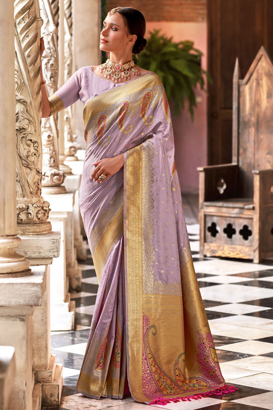 Art Silk Fabric Occasion Wear Lavender Weaving Work Saree