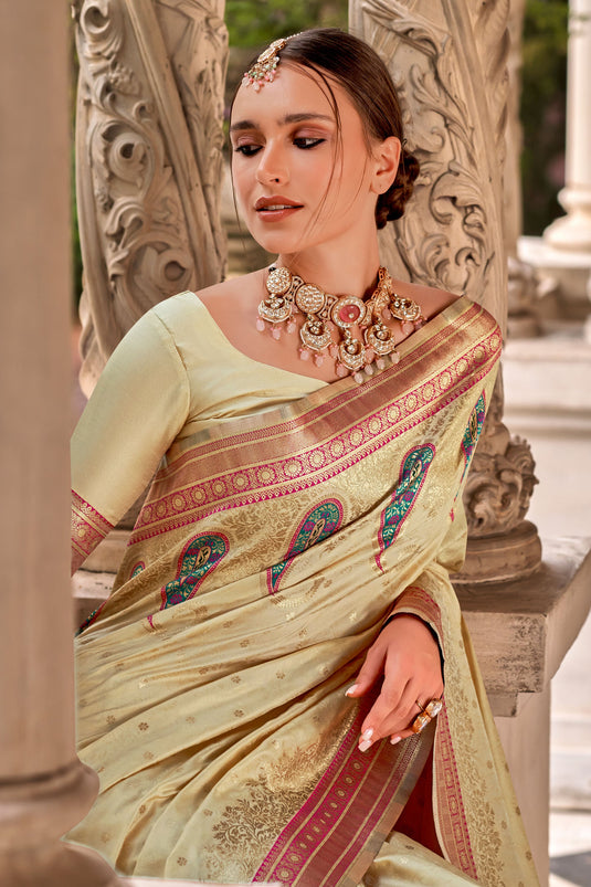 Weaving Work Beige Art Silk Function Wear Saree