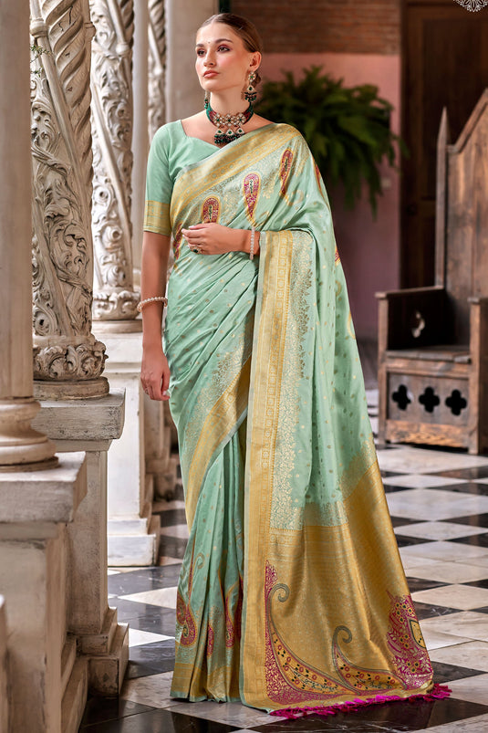 Weaving Work Art Silk Sea Green Designer Saree