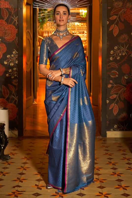 Silk Navy Blue Handloom Weaving Saree With Blouse