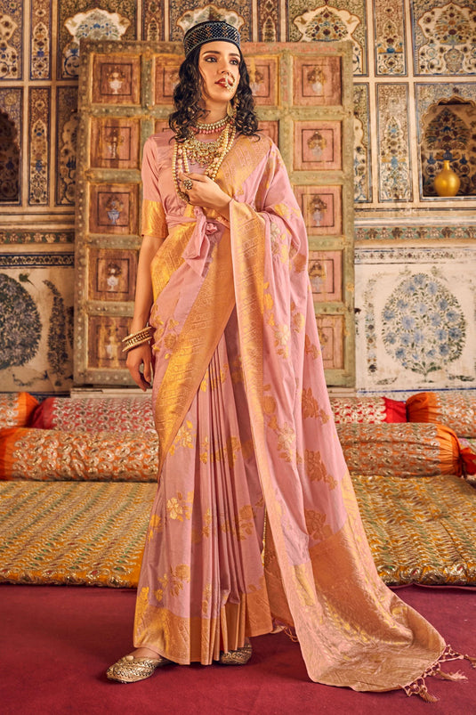 Weaving Work Light Pink Saree In Chinon Georgette Fabric