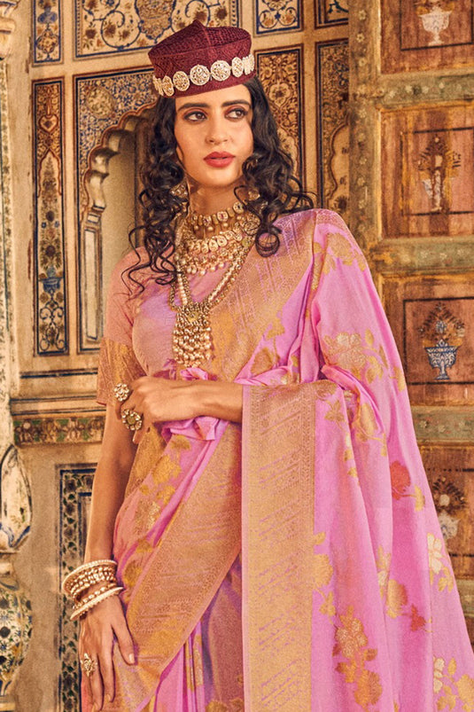 Pink Chinon Georgette Weaving Work Saree With Blouse