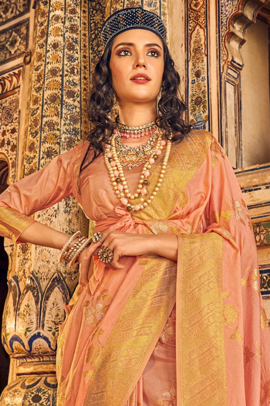 Weaving Work Peach Chinon Georgette Saree With Pretty Blouse