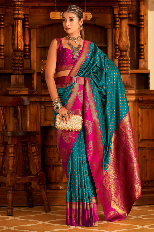 Majestic Dark Cyan Banarasi Art Silk Saree With Festive Contrast Blouse