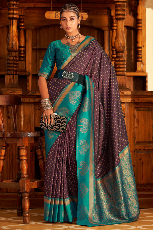 Classic Wine Banarasi Art Silk Festive Saree With Matching Blouse