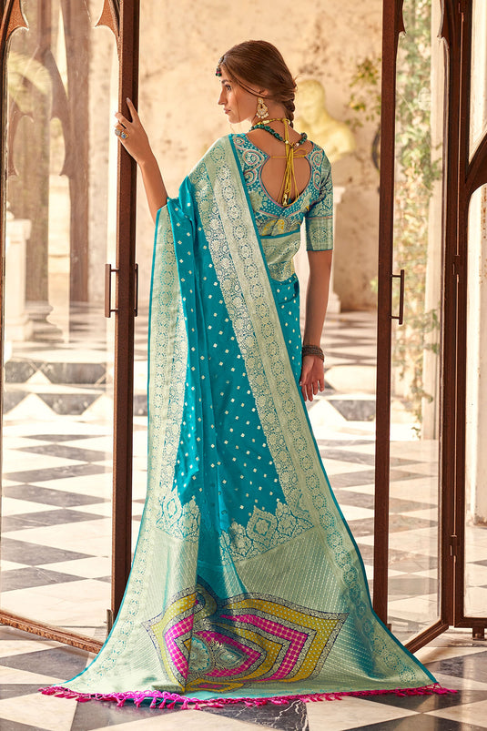 Elegant Cyan Soft Silk Zari Weaving Saree