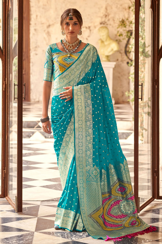 Elegant Cyan Soft Silk Zari Weaving Saree