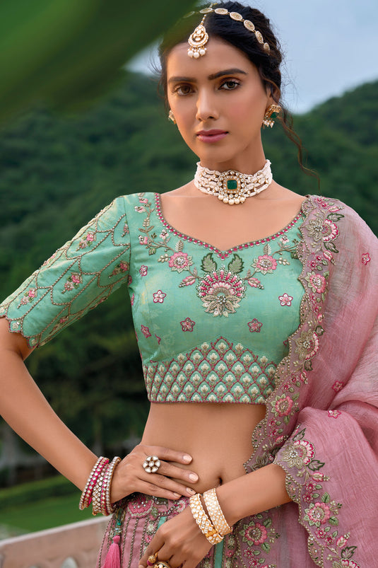 Majestic Silk Bridal Lehenga Choli In Sea Green Color