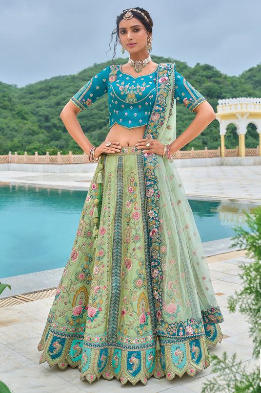 Silk Bridal Lehenga Choli In Sea Green Color