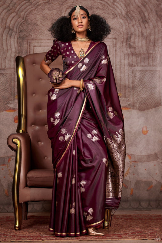 Radiance Wine Function Wear Pure Satin Silk Saree