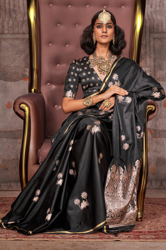 Gleaming Pure Satin Silk Saree In Black Color