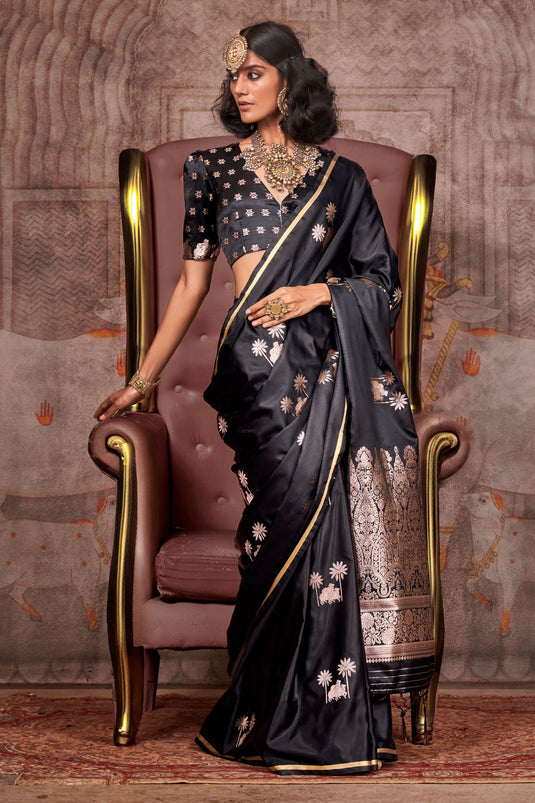 Gleaming Pure Satin Silk Saree In Black Color