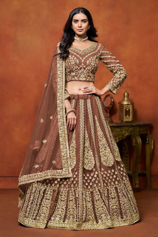 Brown Wedding Net Lehenga Choli