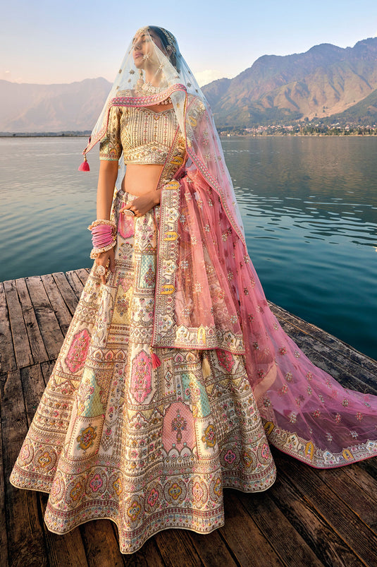 Regal Beige Silk Bridal Lehenga Choli With Embroidered Double Dupatta