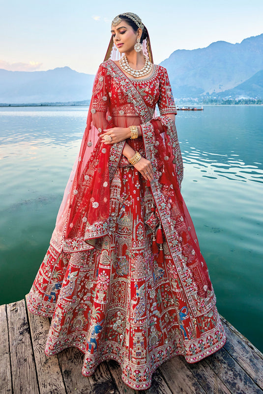 Mystic Red Pure Silk Embroidered Semi Stitched Lehenga Choli