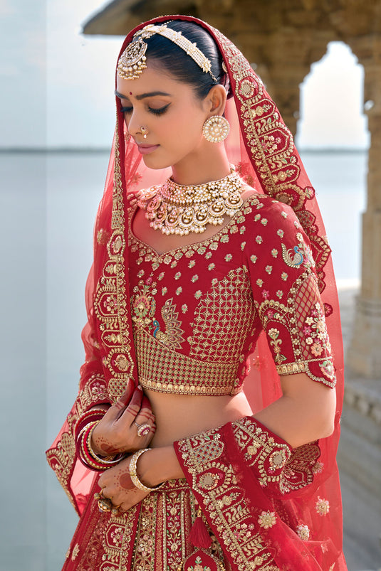 Blossom Red Silk Embroidered Lehenga Choli