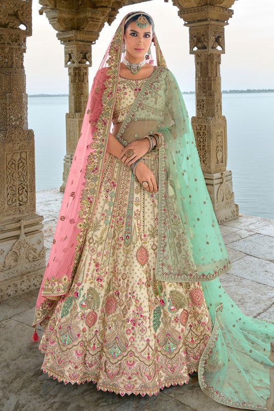 Grace Beige Silk Bridal Lehenga Choli With Double Dupatta