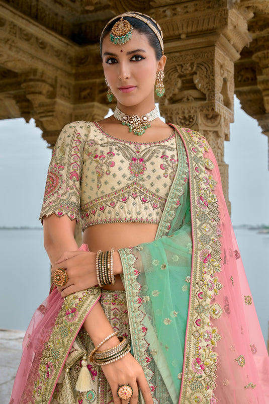 Grace Beige Silk Bridal Lehenga Choli With Double Dupatta