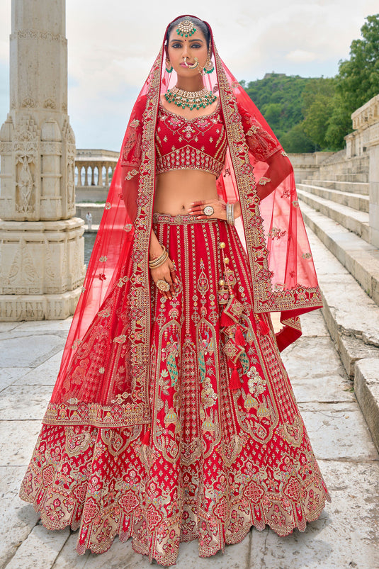 Ruby Red Pure Silk Heavy Embroidered Bridal Lehenga Choli With Double Dupatta