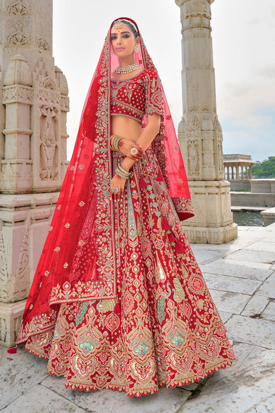 Red Pure Silk Heavy Embroidered Bridal Lehenga Choli With Double Dupatta