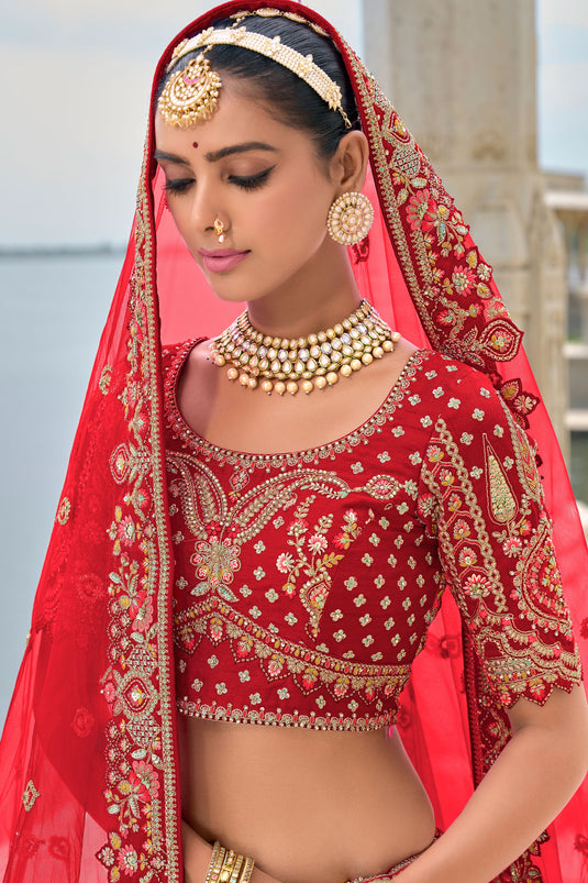 Red Pure Silk Heavy Embroidered Bridal Lehenga Choli With Double Dupatta