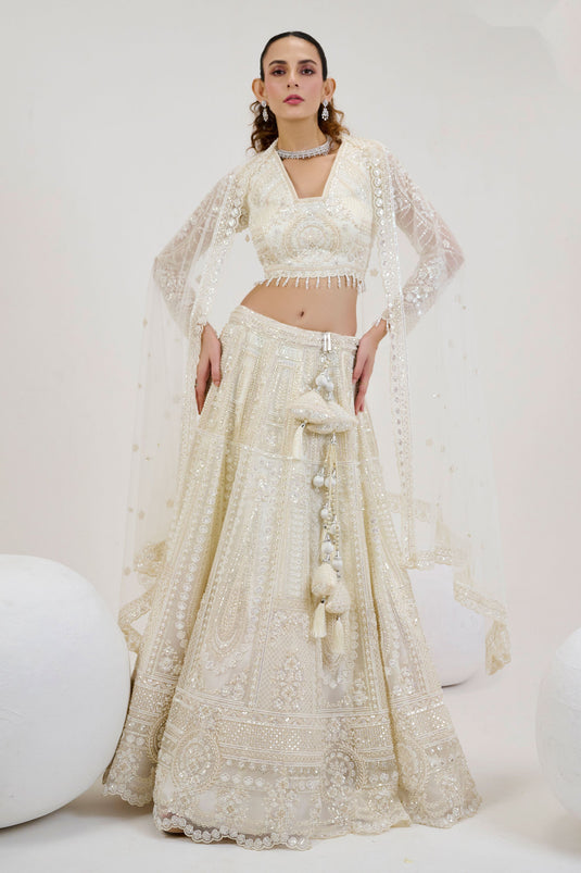 Emerald Off White Pure Net Bridal Readymade Lehenga Choli