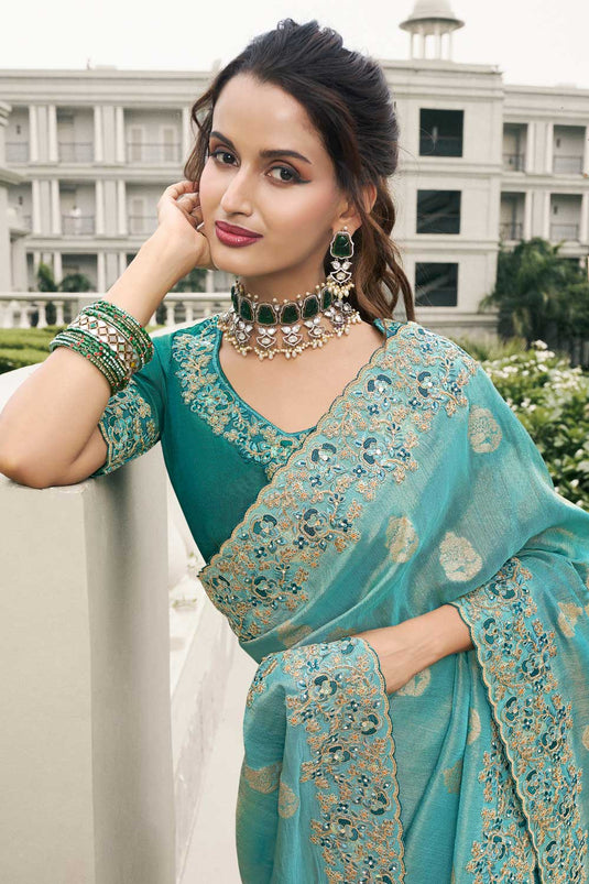 Cyan Color Wedding Wear Tissue Silk Charismatic Saree