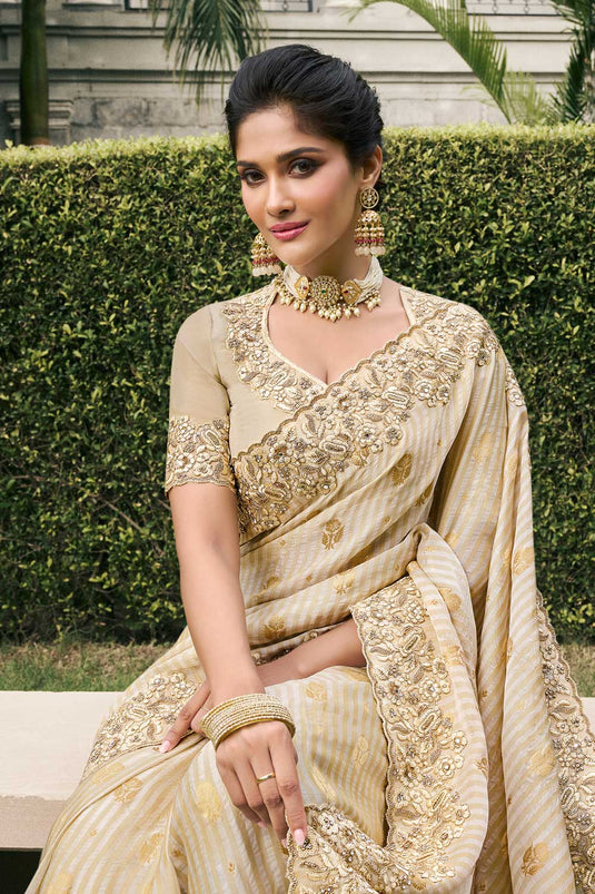 Tissue Silk Wedding Wear Beige Color Phenomenal Saree