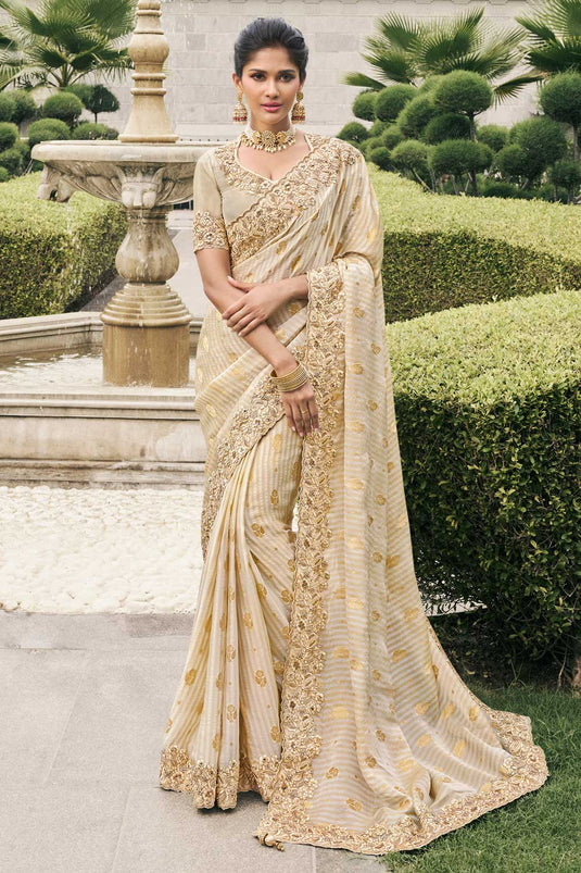 Tissue Silk Wedding Wear Beige Color Phenomenal Saree